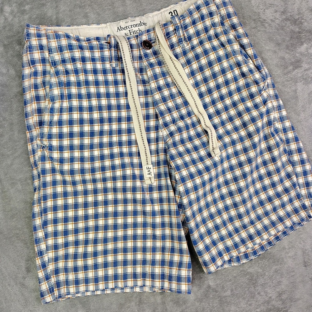Vintage Abercrombie & Fitch Shorts Mens 30 Blue White Plaid Heavy Drawstring Y2K